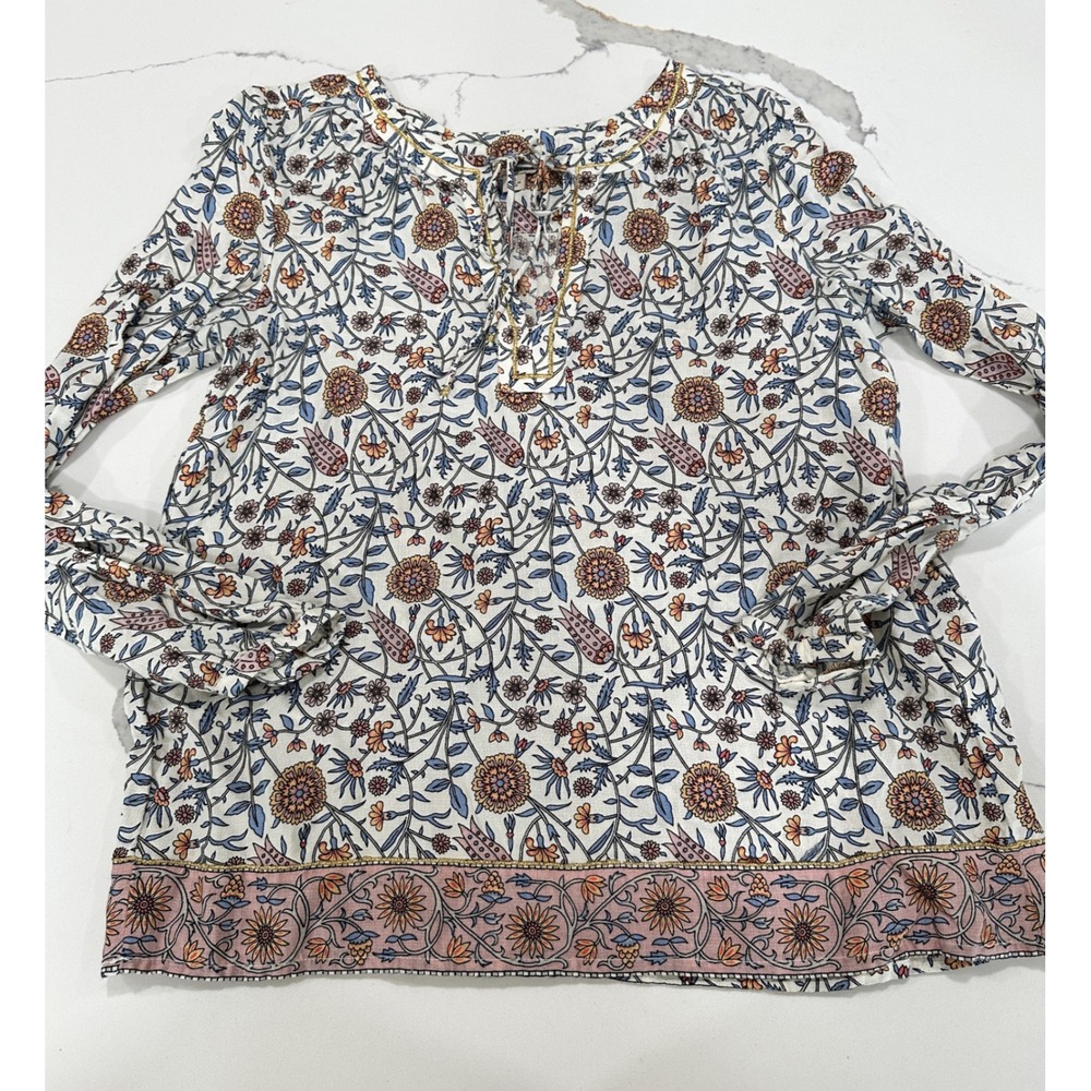 Lucky Brand Floral‎ Print Blouse Top Lace Up Details White Blue Orange Womens S